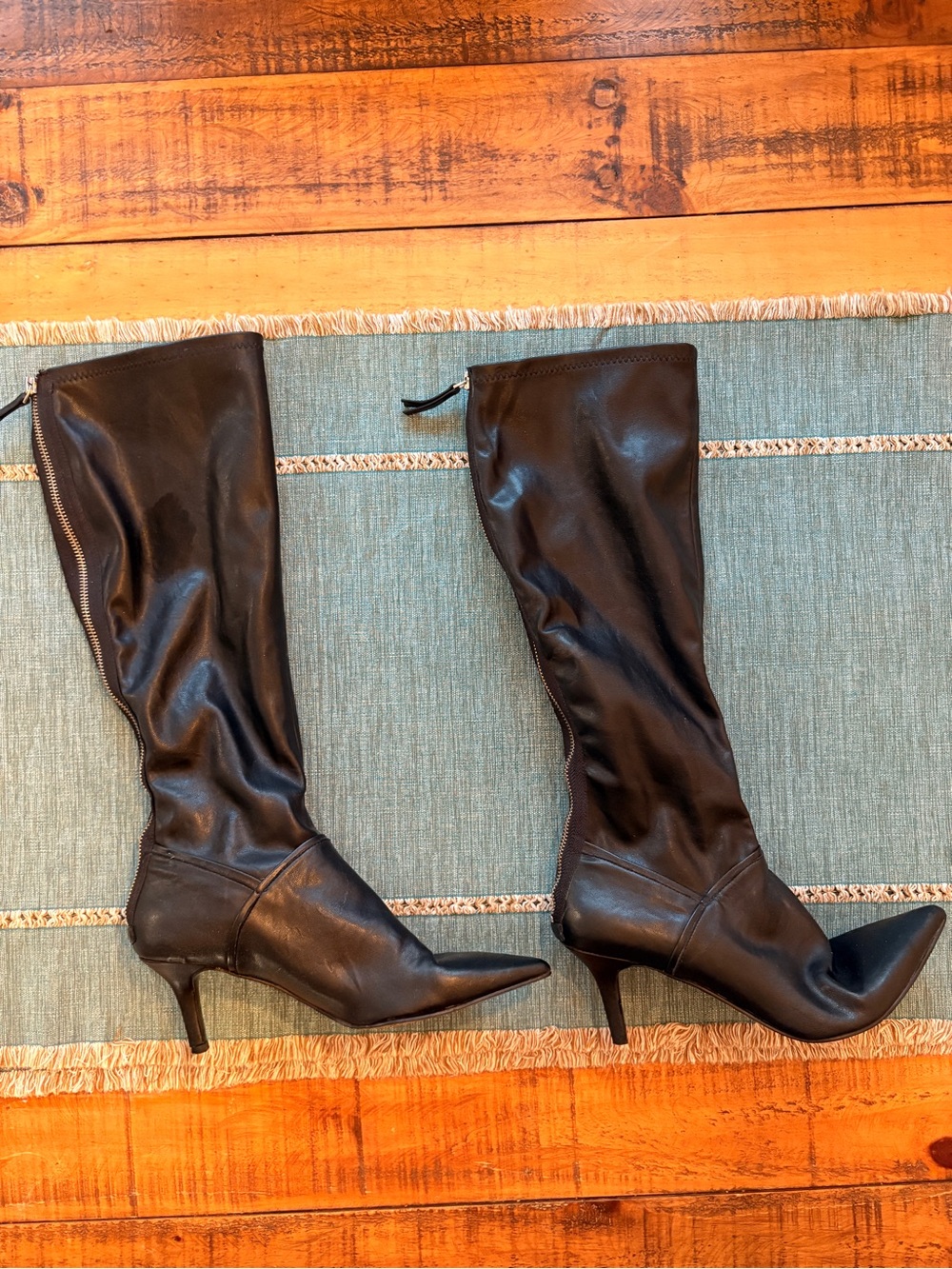 Nine West Black Pointed Toe Leather Boots with silver zipper up the back